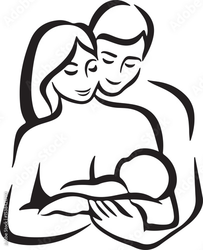 Loving parents cradle and cherish their newborn baby in a black and white vector illustration