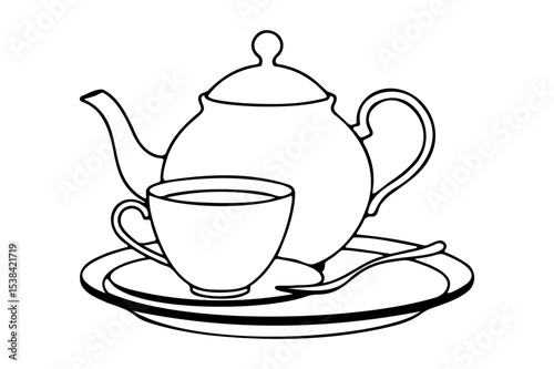 Tea time set line art silhouette on white background