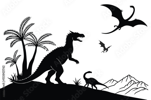 Silhouetted dinosaur roars amidst palm trees while flying reptiles soar above mountainous terrain