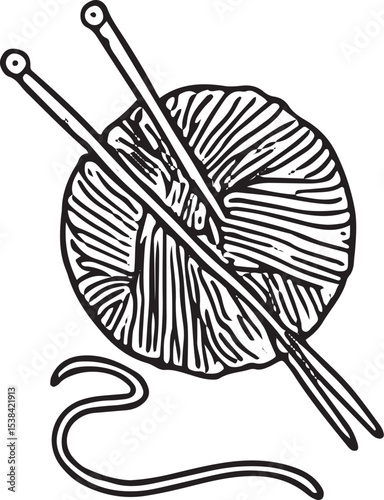 Charming sketch of knitting needles with yarn, perfect for craft, cozy, or vintage themes, ideal for bookcore, decor, and creative illustration designs