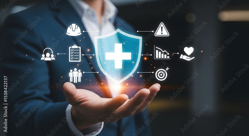 Naklejka premium A businessman presents a digital health shield showcasing safety, security, and wellbeing through innovative technology solutions.