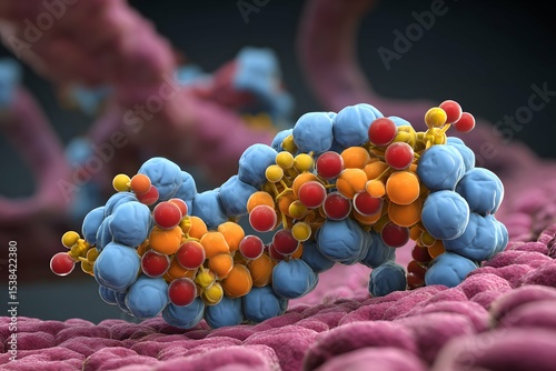 3D enzyme model highlights active sites and catalytic functions.