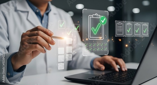 Doctor using laptop checks tasks on digital checklist successful project management healthcare technology