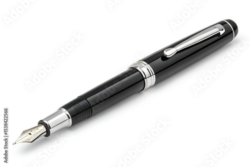 Black Fountain Pen Silver Trim Modern Sleek Ballpoint White Background Centered