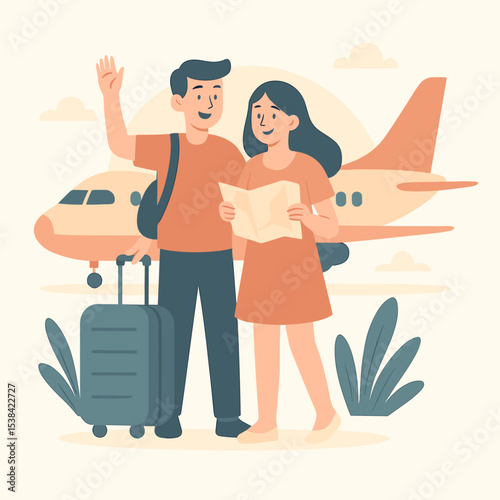 Flat vector illustration design of a smiling young couple standing together in front of an airplane, holding a map and waving, ready to embark on an exciting travel adventure