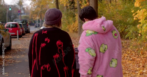 On an autumn day, two people stroll closely along a treelined path, their colorful outfits contrasting with fallen leaves and parked cars, creating a vibrant, seasonal scene