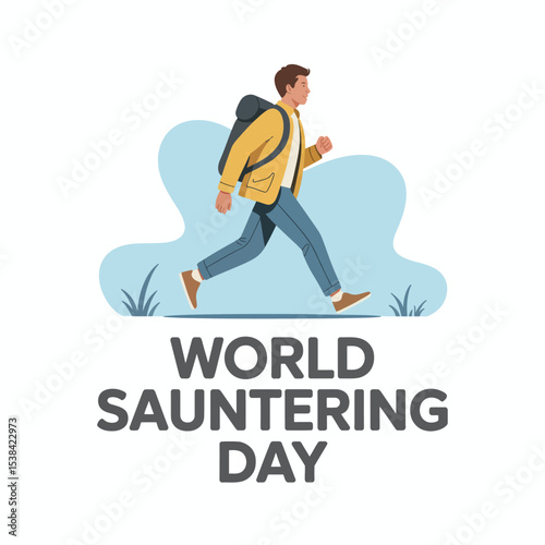 Man Jaunty Stroll Yellow Jacket Backpack Walking World Sauntering Day vector
