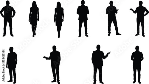 Business people silhouette, standing pose collection, corporate office staff, professional workers group, formal characters, black vector figures, workplace concept design