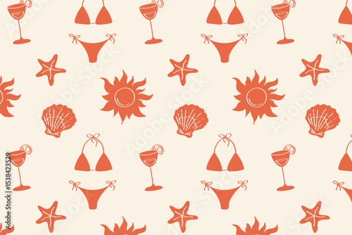 Seamless pattern with cocktail glasses, shells, sun, dripper. Retro summer beach elements