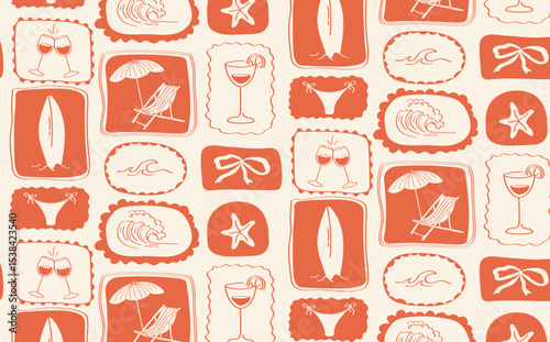 Retro summer pattern with wine glasses, cocktails, chaise lounge, surfboards, swimsuits and beach symbols in vintage style. Italian postcard, stamps.Vintage nautical print.