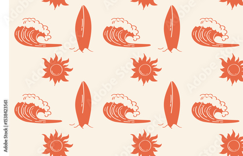 Surfer beach pattern with retro sun, waves and surfboards in seamless summer style