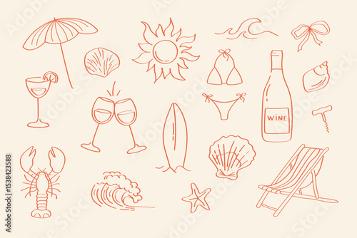 Summer art elements in doodle line style. Beach holiday outline icons: bikini, lobster, wine, sun, surfboard, umbrella, waves and more. Simple line style for summer projects and travel graphics.