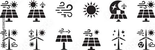 Collection of black and white silhouette icons representing various renewable energy sources, including solar panels, wind turbines, and the sun/wind/night sky vector art on white
