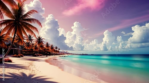 Tropical beach with white sand and turquoise water under pink clouds and palm trees. Concept of exotic vacation paradise photo