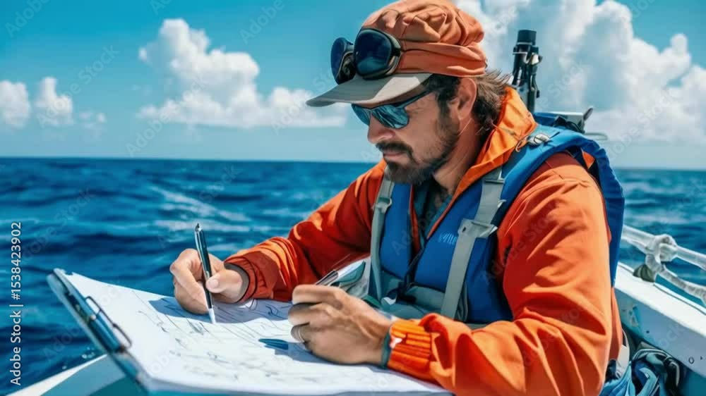 Marine biologist writing down data sitting on top of a boat in the middle of the sea.