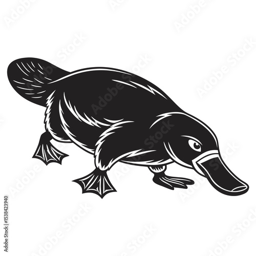 Stylized monochrome platypus navigates forward with flat feet, a uniquely designed Australian icon