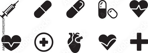 set features various black and white healthcare icons, including a syringe, pills, a heart, and a plus symbol vector art on white