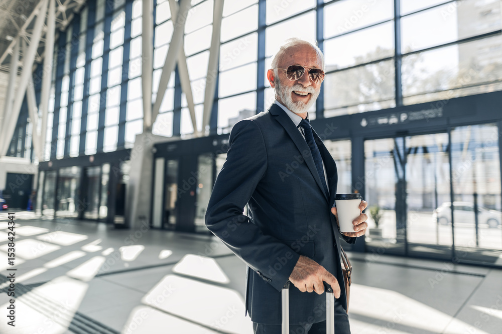 Stylish Senior Businessman at Modern Airport with Coffee and Luggage Stylish Senior Businessman at Modern Airport with Coffee and Luggage