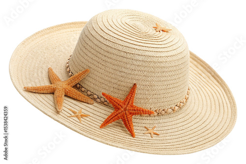 Straw hat and starfish isolated on white or transparent background