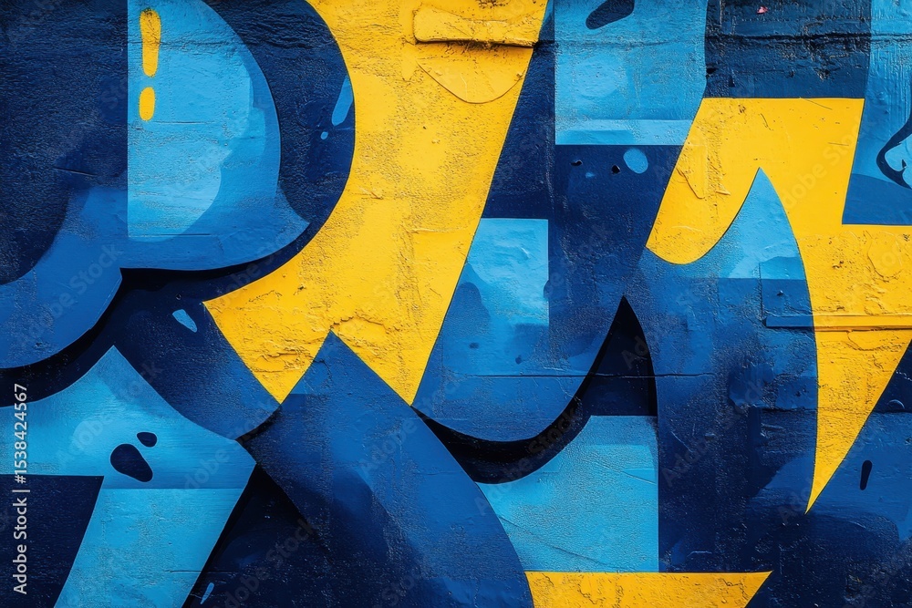 Naklejka premium Vibrant geometric graffiti in blue and yellow adds an artistic touch to an urban backdrop in a city alley during the day