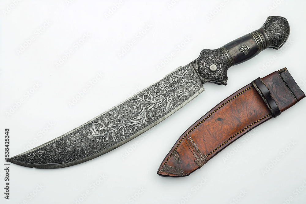 Obraz premium An isolated antique hunting knife with a sharp steel blade and an old wooden handle on a white background