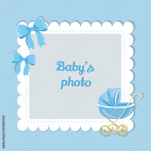 Photo frame for new born boy with blue bows and baby stroller Its a boy