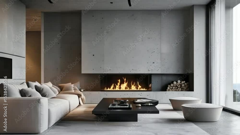 Minimalist style interior design of modern living room with fireplace, sofa, concrete walls.