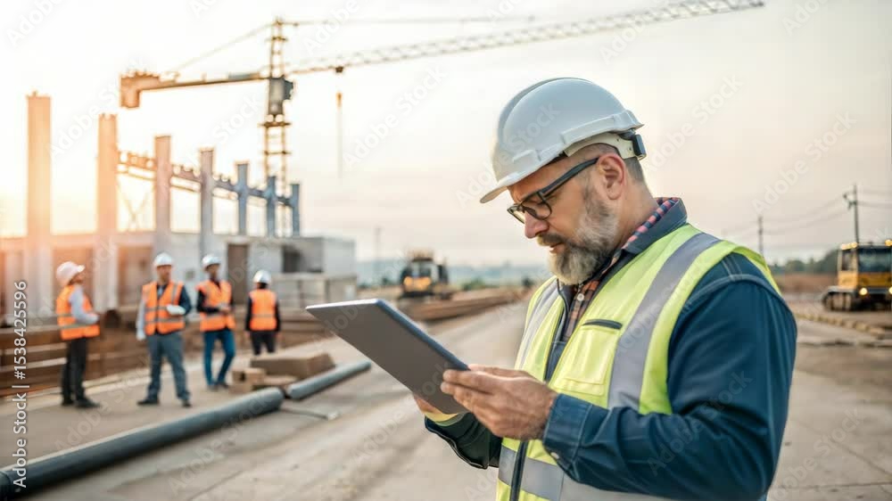 Construction worker reviewing plans on tablet at site during sunset Construction worker reviewing plans on tablet at site during sunset