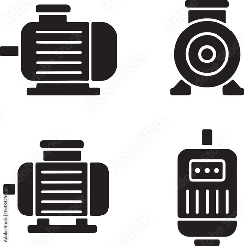electric motor silhouette icons set side, front, back, and top views vector art illustration