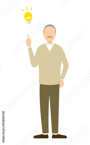 Senior man with idea pose, pointing finger and light bulb icon