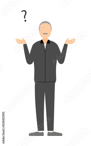 Illustration of a senior man in jersey with his hands outstretched in question
