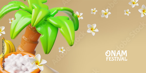 Happy Onam 3D style banner design, South India Kerala festival, coconut tree, Rangoli flowers and traditional sadya food