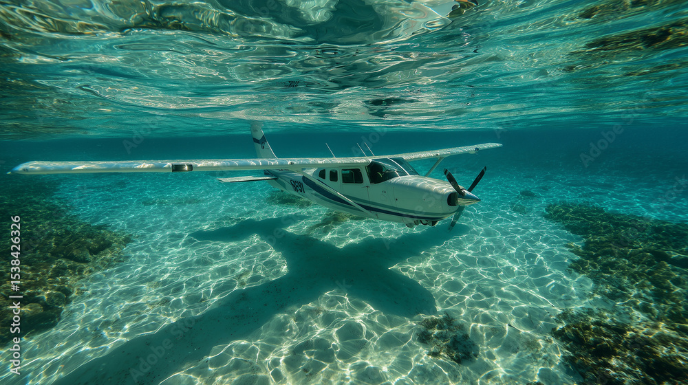 Naklejka premium Submerged airplane resting underwater in clear tropical sea.