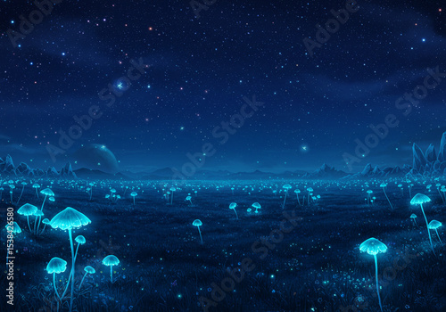 Magical Night Landscape with Glowing Mushrooms. Dreamy Night Scene with Mystical Glowing Plants. Digital Painting of a Starry Fungi Landscape