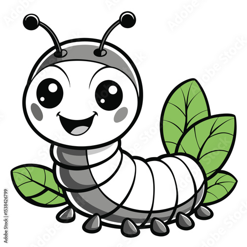 Cute Cartoon Caterpillar with Big Eyes and Green Leaves – Smiling Vector Insect Character for Kids Wildlife and Nature Illustration