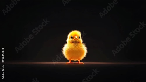A fluffy yellow chick standing alone against a dark background, evoking a sense of innocence