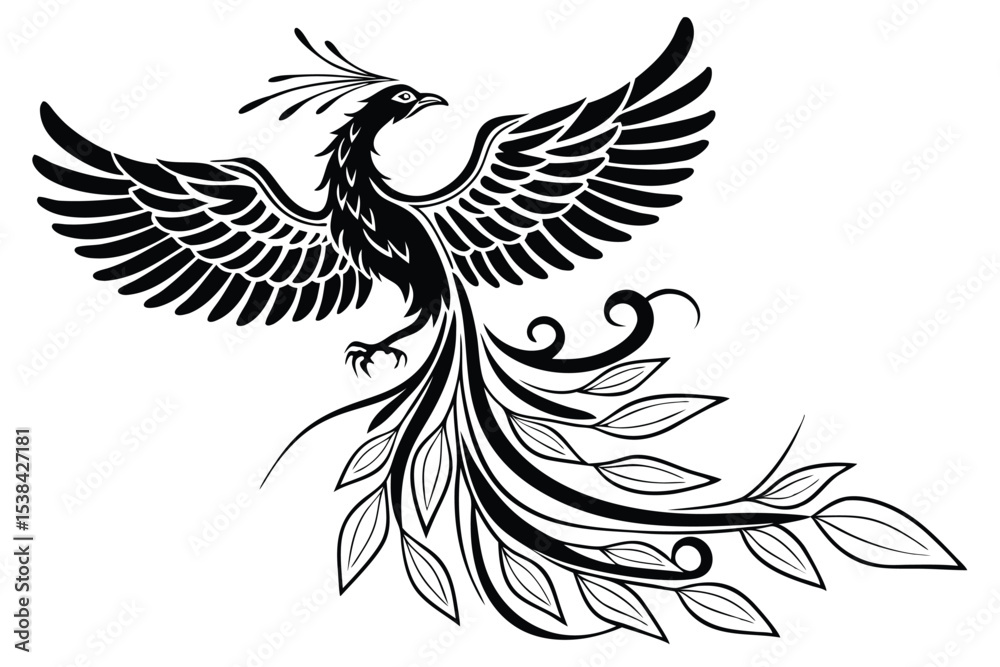 Fototapeta premium Black phoenix soars with outlined leaf tail feathers spread wide on white