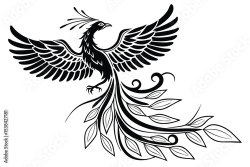 Black phoenix soars with outlined leaf tail feathers spread wide on white