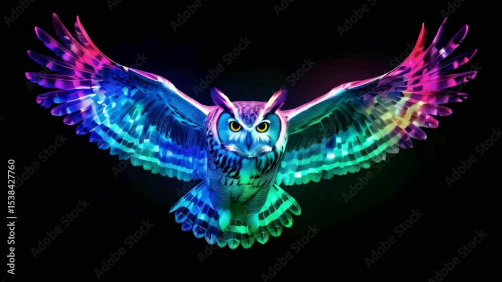 Mystical Aurora Borealis Owl in Flight on a Black Background.