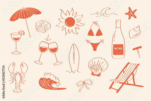 Hand-drawn summer vacation set: wine glasses, sun, waves, lobster, parasol, bikini, seashells, surfboard. Perfect for beach-themed design and travel projects. Summer Illustration in Doodle Style.