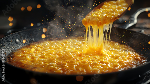 a bubbling golden corn and cheese in a dark pan, with a spoon lifting a portion, showcasing its viscous, stringy texture.