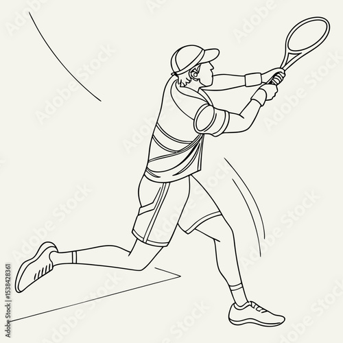 Line art illustration of a tennis player hitting a forehand shot