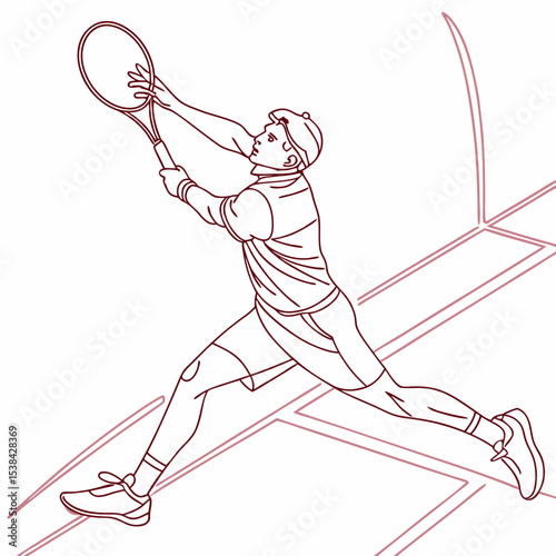 Tennis player hitting ball with racket outline illustration on white background