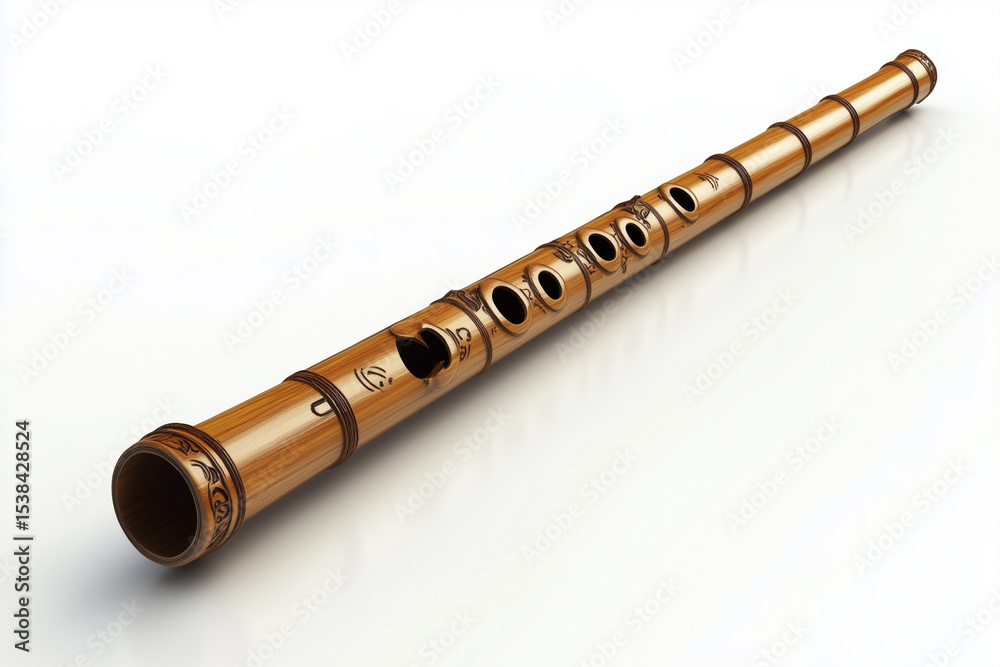 Naklejka premium A beautiful wooden folk flute, an isolated traditional musical wind instrument, on a white background