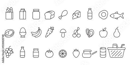 Single Line Vector Icons Set – Groceries and Food Essentials Silhouettes