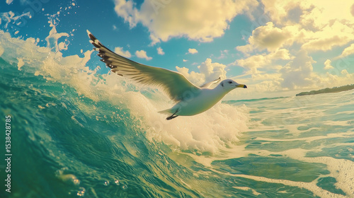A seagull glides above a turquoise ocean wave with a tropical coastline and dramatic clouds lit by the warm sun in the background