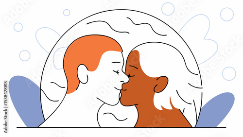 Interracial Couple Kissing, Romantic Illustration