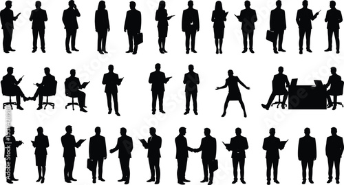 Business silhouettes vector collection, office professionals, men and women standing, sitting, working, discussing, presenting, corporate teamwork, formal staff poses