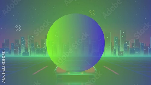 Emerging orb after pause from futuristic car on neon grid, showing floating icons against skyline