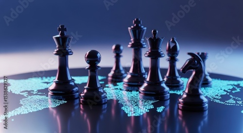 Black chess pieces on a glowing digital world map symbolizing global strategy and business.